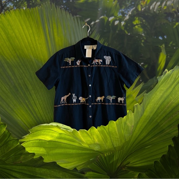 Lemon Grass Vintage Black Shirt w/Safari Animal Embroidery - Picture 12 of 12